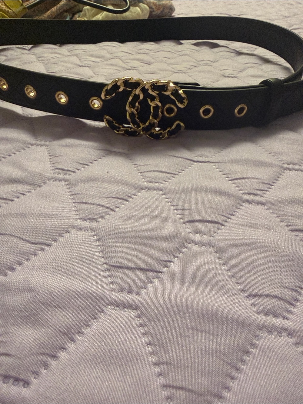 Black Leather Belt with Gold Interlocking Chain Buckle